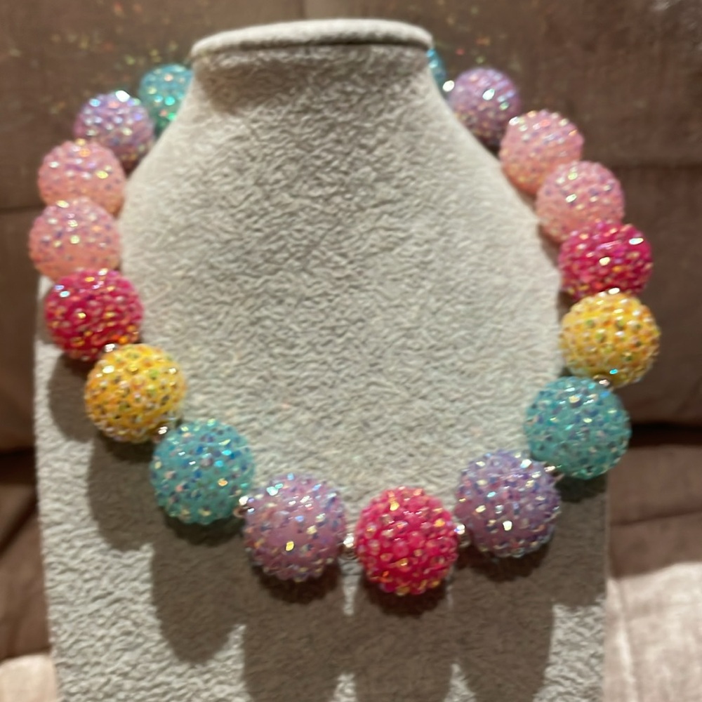 Chunky Playful Pink and Yellow Crystal Necklace 16-18”